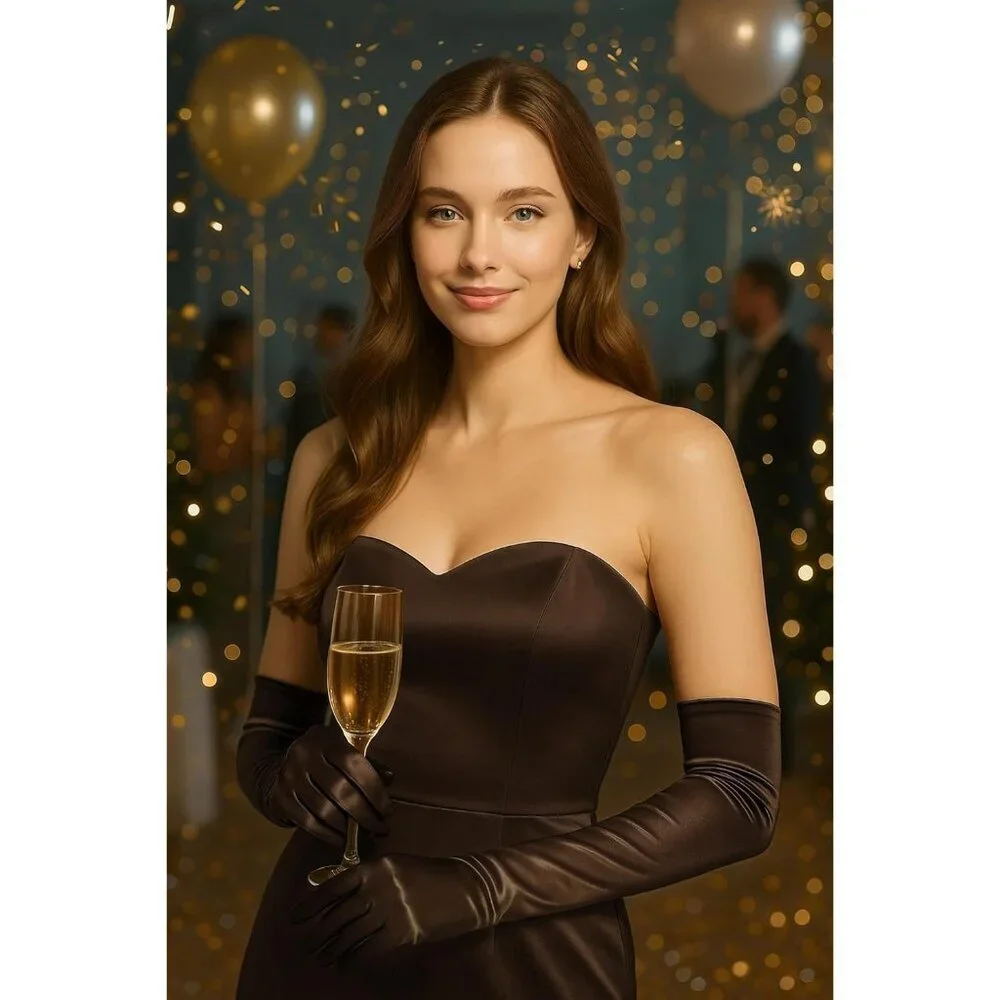 Women's Brown Vintage Satin Long Gloves Party Tea Costume Stretchy Elbow Length